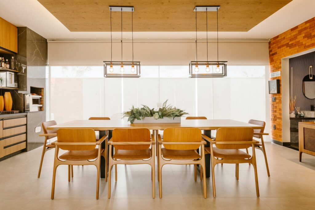 a kitchen with a dining room table